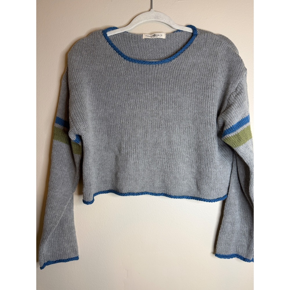 Natural Life Womens Grey Striped Cropped Knit Sweater Blue Green Trim Small